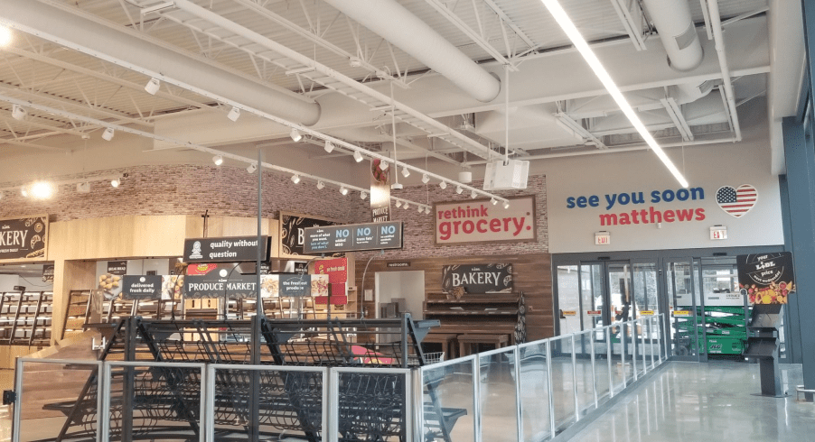 The bright, freshly painted interior of a commercial retail store