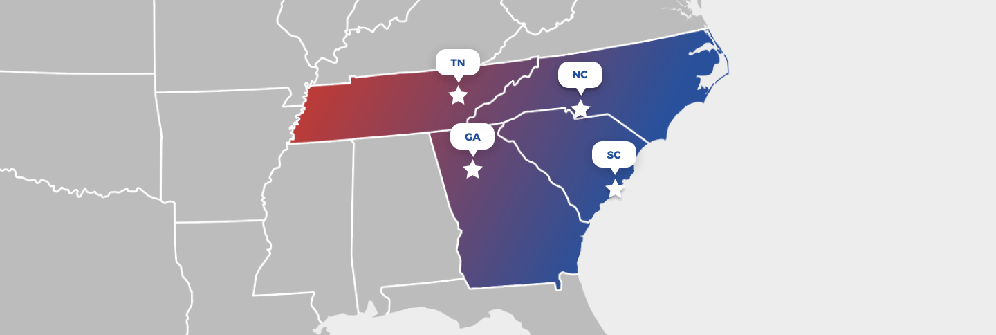 Map of the Southeast showing Paint One service areas marked in Tennessee, North Carolina, Georgia and South Carolina